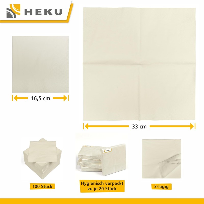 HEKU 30241-02: 100 Plain Napkins, 3-Ply, 33 x 33 cm,