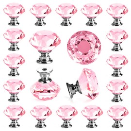 DEELF OUTLET 25 Packs Crystal Cabinet Knobs Drawer Pulls and Knobs Kitchen Cabinet Knobs Diamond Dresser Knobs Crystal Knobs for Drawers - 30 mm Pink Glass Cabinet Knobs with Silver Base