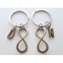 Custom 2 Bronze Infinity Keychains with Initial Charms for Couples or Best Friends, Anniversary Gift Keychains
