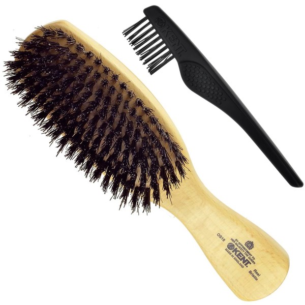 Kent OS18 Gentlemen's Hair Brush and Facial Brush for Beard Care + LPC3 Brush Cleaner - Exfoliating Natural Boar Bristle Brush for Mens Grooming and Beard Straightener for Men's Skin Care