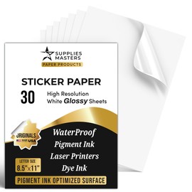 Supplies Masters, 30 Glossy Sticker Sheets 8.5 x 11, Printable Glossy High Resolution Paper for Inkjet Printer (Dyes or PIGMENTS), Papel Adhesivo Brillante Waterproof para Stickers and Labels.