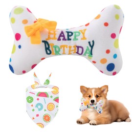 BCYSNR Dog Birthday Cartilage Toy with Dog Bandana, Plush Squeaky Dog Birthday Pet Bone Toy, Pet Interactive Birthday Gift for Small and Medium Dogs