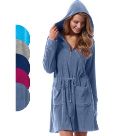 Morgenstern Emily Women's Bathrobe with Zip and Hood Terry Towelling Lightweight, denim blue