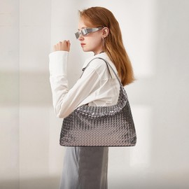 JINMANXUE Woven Tote Bag for Women, Woven Bags with Small Purse,Large Braided Top Handle Hobo Satchel Handbag (Silver grey)