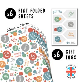 Birthday Wrapping Paper - 6 Sheets of Gift Wrap - 30th Birthday Wrapping Paper for Men Women - Colourful Dots - For Friends - Age 30 Thirty - Comes with Stickers - By Central 23