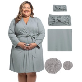 SUFEINI Plus Size Maternity Robe and Matching Baby Swaddle Blanket Set, Mommy Robe with Receiving Blanket Girls Boys Sleepwear (US, Alpha, 3X-Large, Plus, Regular, PZA32 Grey)