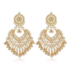CAFUDEYE Women's Bohemian Filigree Dangle Earrings Gold Color Hollow Lace Chandelier Earrings with Coin Tassels Ethnic Hypoallergenic Statement Jewelry for Wedding Party Vacation(1)