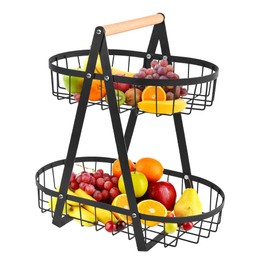 THATSRAD 2-Tier Fruit Stand, Black Fruit Stand, Fruit Basket, Fruit Bowl, Fruit and Vegetable Bowl, Removable Fruit Holder, Shelf with Screwdriver, for Fruit, Kitchen, Storage