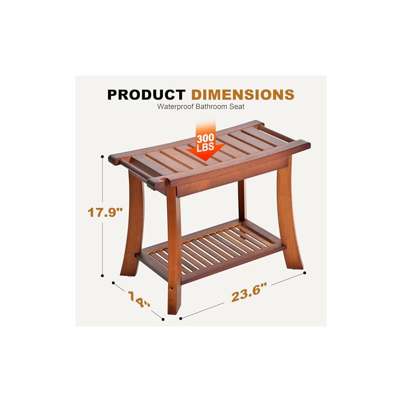 Teak Shower Chair Stool, 24" Shower Bench Seat, Wooden Bathroom