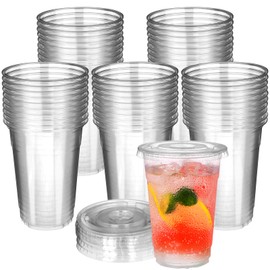 BALDCC 16 oz Clear Plastic Cups With Flat Lids, 50 Set Cold Drink Plastic Cups, Disposable Plastic Cups, for Cold Drinks, Iced Coffee, Milkshakes, Smoothies