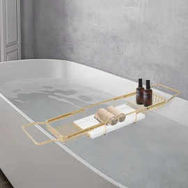Expandable Bathtub Tray Caddy for Bath Relaxing, Bath Table Tub Tray, Adjusts from 26.77-35.43 in, Ideal for Housewarming, Multifunctional Bathtub Bathroom Organizer (Gold + White)