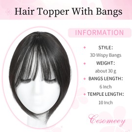 Cesomeey Hair Topper Clip in Bangs, 360° 3D Cover Hair Toppers for Women with Thinning Hairs, Upgrade Topper with Bang Clip, 10 Inch Straight Hairs Pieces for Women Daily Wear (2#-Natural Black)