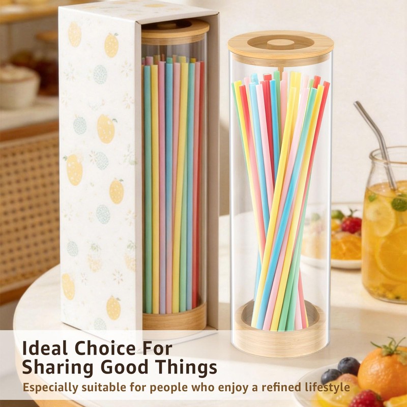 Acrylic Straw Dispenser with Bamboo Lid 25cm Clear Straw Holder