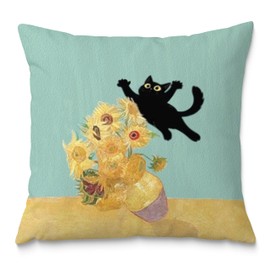 Fuasei Floral Black Cat Pillow Covers 18x18, Cats Lovers Mom Grandma Gifts for Mother's Day, Funny Van Gogh Sunflower Black Cat Art Pillow Covers for Home Bedroom Living Room Office Decor