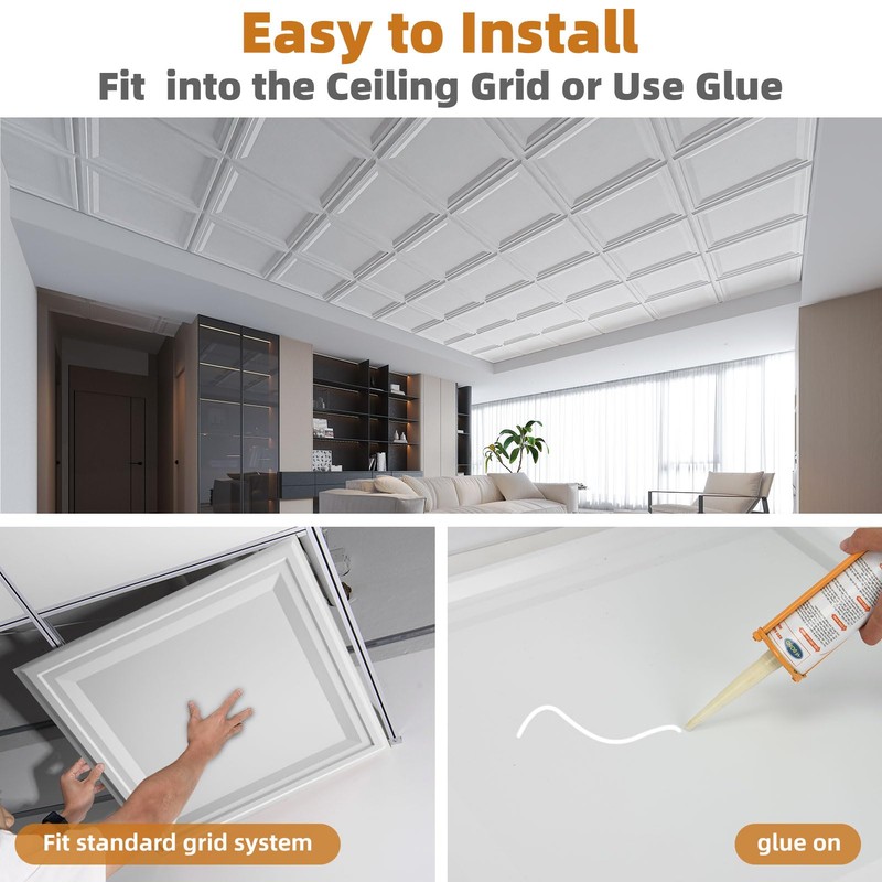 WOWSTAR 12-Pack 24"x24" Drop Ceiling Tiles, Waterproof Glue up Ceiling