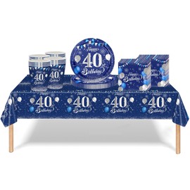 53Pcs Navy Blue and Sliver 40th Birthday Party Tableware Decorations,40th Birthday Table Cloth Plates and Napkins Cups Sets for Women Him Men Birthday Table Decor for 40th Birthday Gifts Dinnerware