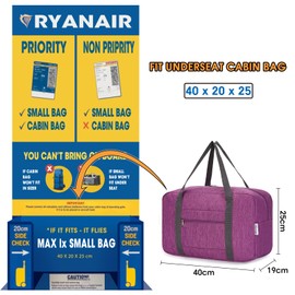 Ryanair Cabin Bag, 40 x 20 x 25 cm, Hand Luggage for Aeroplane, Foldable Travel Bag for Women, Weekender Bag, 20 L, Dark purple