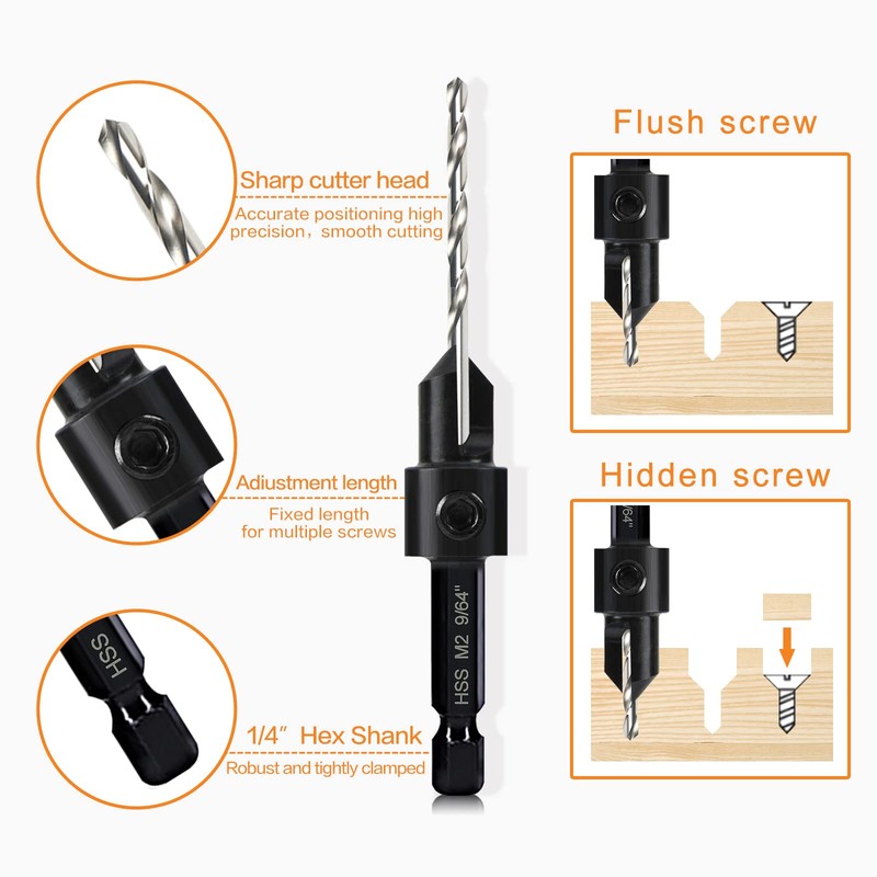 5-pc Woodworking Countersink Counterbore Drill Bit Set 3in1 for #6