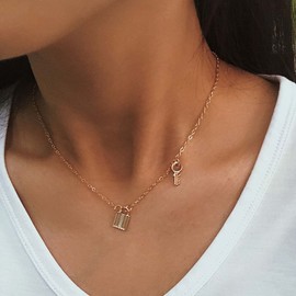 Zeshimb Punk Lock Choker Necklaces Vintage Key Chain Necklace Lock Key Pendent Necklace Gold Minimalist Necklaces Chain Jewelry for Women and Girls
