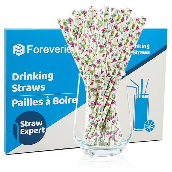 FOREVERIE Flamingo & Pineapple Print Paper Straws for Tropical Party