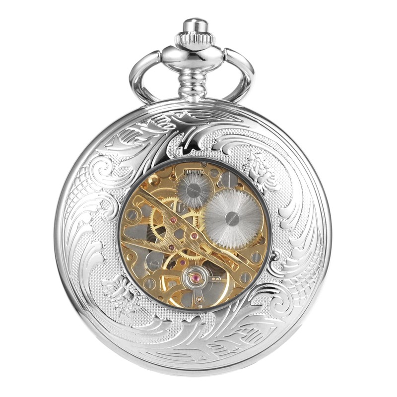TREEWETO Men's Deer Reindeer Silver Full Hunter Case Pocket Watch