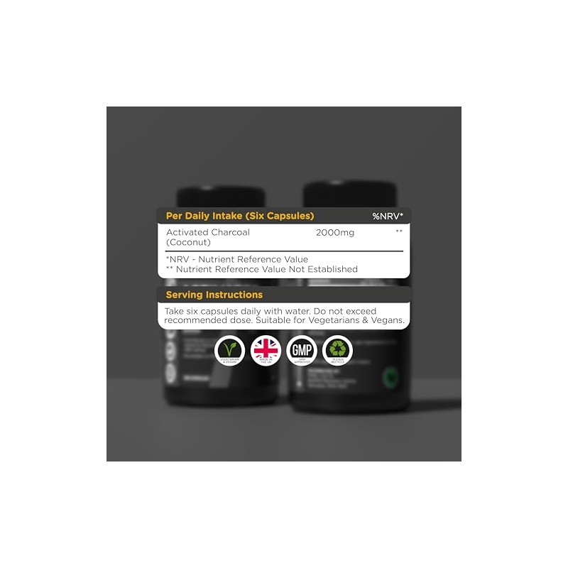 Activated Charcoal Capsules 2000mg – 180 Capsules | Helps Reduce