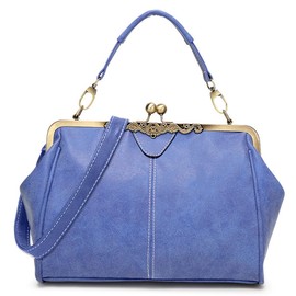Dayfine Bolso de mano de piel esmerilado para mujer, bolso retro con cierre de beso, bolso de mano, bolso de hombro, bolso mediano, Azul, Talla unica
