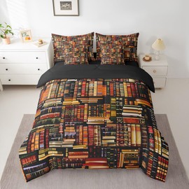Feelyou Kids Books 7 Pieces Bedding Set Queen Size Vintage Library Comforter Set for Boys Girls Room Decor Bookshelf Bed Set Bed in a Bag with Comforter, Sheets, Pillowcases & Cushion Covers