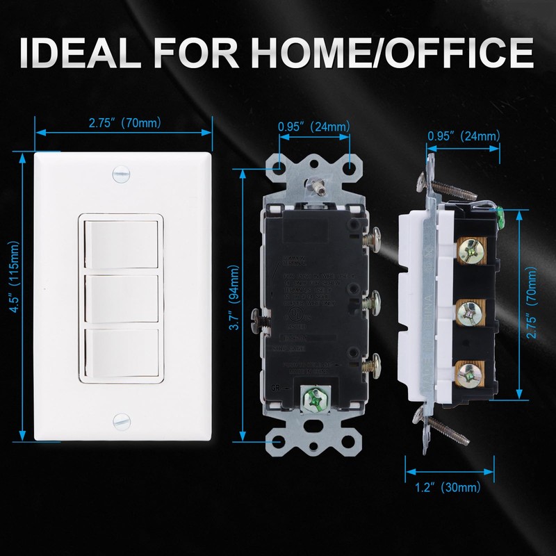 Baomain Triple Rocker Light Switch with Wall Plate, 15A 120V