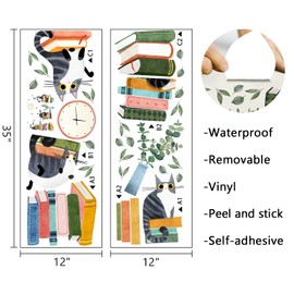 Mfault Cats Reading Books Wall Decals Stickers, Kitty Kitten Neutral Nursery Decorations Study Classroom Bedroom Art, Plant Leaves Reading Corner Toddler Kids Room Home Decor Gifts