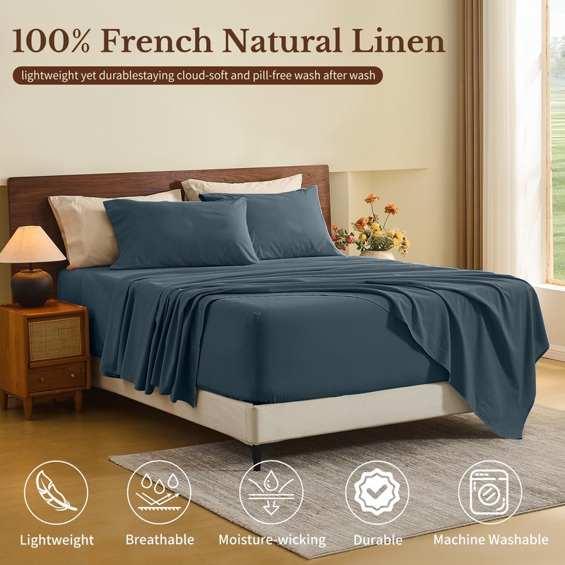100% French Linen Sheets Queen,6 Pcs,18-24" Extra Deep Pocket