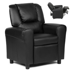BETTARY Kids Recliner Chair, Children PU Leather Lounge Chair with Adjustable Backrest, Footrest, Headrest & Cup Holder, Toddler Couch for Boys & Girls, Black
