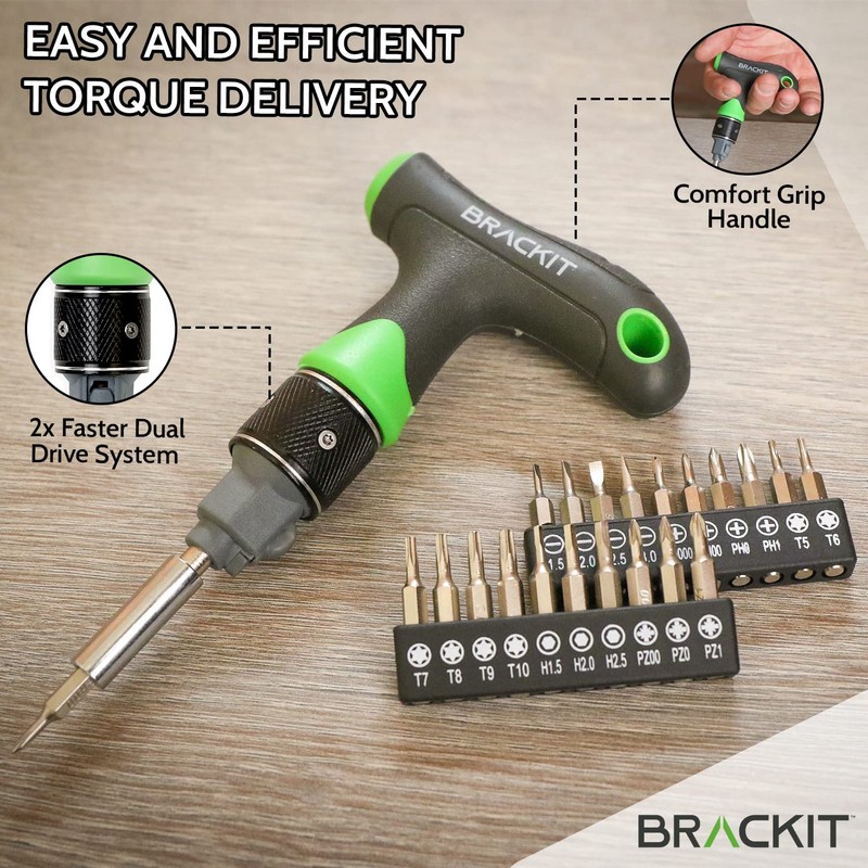 Brackit Dual Drive Ratchet T Handle Screwdriver and Bit Set