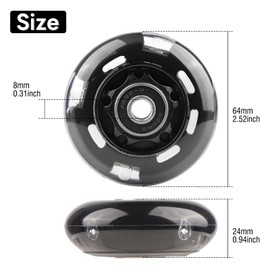 Wheelgoo 8pcs Inline Skate Wheels Led Light-Up Wheels 64/70/72/76/80mm w/Bushings 85-88A for Kids and Youth Beginners Children's Inline Skates Indoor/Outdoor Use (Black, 64mm)
