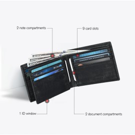 Large Capacity Black Genuine Leather Bifold Wallet/Credit Card Holder for Men with 9 Credit Card Slots