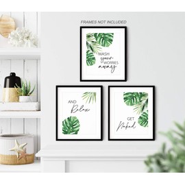 XWELLDAN Bathroom Quotes Wash Your Worries Away Watercolor Tropical Leaves Plant Wall Art Prints, Modern Botanical Wall Art Prints Decor for Home Bathroom, 8 x 10 Inch Set of 3 Prints, Unframed