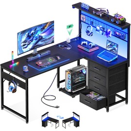 MOTPK L Shaped Gaming Desk with Shelf & 4 Drawers, 43" Reversible Computer Desk with LED Light, Home Office Table with Hutch and Hook, Black