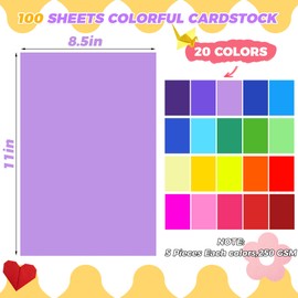 100 Sheets 8.5" X 11" Colored Cardstock,250GSM 20 Assorted Colors Construction Paper Card Stock Printer Paper for DIY Crafts,Scrapbooking
