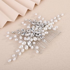 Teyglen Pearl Bride Wedding Hair Comb Bridal Purple Rhinestone Pearl Hair Comb for Party Prom Wedding Hair Accessories for Women Handmade Crystal Hair Piece Headpiece (Silver)