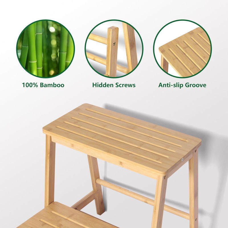 Bamboo Folding Climbing Step Stool, 2 Step Ladder Multi-Functional Stair