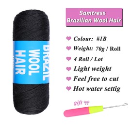Samtress 4 Roll Natural Black Brazilian Wool Hair Acrylic Yarn for African Crochet Braids/Faux Locs/Senegalese Twist/Jumbo Braiding/Box Braids/Twist Wraps Synthetic Fibre Hair Extensions (#1B)