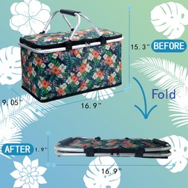 Insulated Picnic Basket, Collapsible Shopping Baskets with 25L Large Market Basket with Handles, Folding Grocery Basket Insulated Cooler Bag for Picnic Travel Food Delivery Market Shopping Green