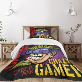 Lunarable Gamer Bedspread, Crazy Words Futuristic Controller Purple Paint Splashes Background, Decorative Quilted 2 Piece Coverlet Set with Pillow Sham, Twin Size, Red
