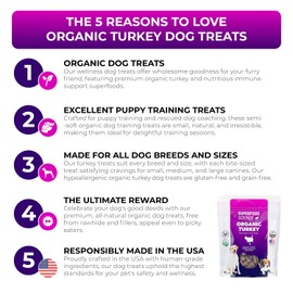 Organic Dog Treats for Small, Medium & Large Dogs – Turkey Training Treats for Puppies & Adult Dogs, Grain-Free, Hypoallergenic, All-Natural, Healthy, Low-Calorie, Semi-Soft Chews, Made in USA, 5 oz
