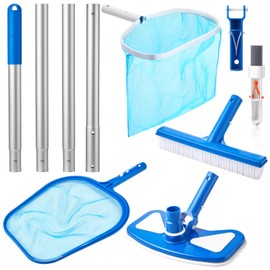 SiliFine 5 Pcs Swimming Pool Cleaning Kit 17.5'' Brush Head with 47'' Telescopic Aluminum Pole and Leaf Skimmer Net Vacuum Head Pumice Stone with Handle for Above Ground Pool Spa Hot Tub Maintenance