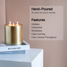 MOZEAL Extra Large 3 Wick Metallic Gold Pillar Candle, 6" x 6", Unscented, Dripless, Smokeless, and Clean-Burning. Approx. 120 Hours of Burn Time. Perfect for Weddings, Dinners, Christmas Decor