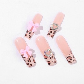 IMRAIN Long Square Press on Nails French Tips Fake Nails with Leopard Print Designs Full Cover Pink Bow Gel Glue on Nails Glossy Acrylic Artificial False Nails for Women 24Pcs