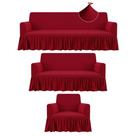 Fanfanwin 3 Pcs Sofa Slipcover Set for Couch Cushion Durable Washable High Elastic Stretchable Furniture Couch Covers with Skirt for Sofa Loveseat Arm Chair (Burgundy,Milk Silk)