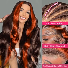 12A 200% Density 13x6 Lace Front Wigs Human Hair Pre Plucked Highlight 13x6 HD Lace Front Wigs Ginger Orange Colored Human Hair Wigs for Women Glueless Body Wave Ombre Wig Brazilian Hair22inch
