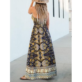 CUPSHE Women's Boho Smocked Waist Maxi Dress Halter Neck Sleeveless A Line Beach Summer Long Dresses Paisley L